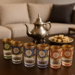 Handmade tea glasses set displayed alongside a silver Moroccan teapot and sweets on a living-room coffee table.