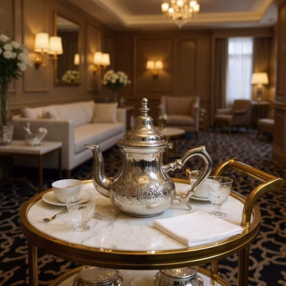 Moroccan hand‑engraved silver teapot on a marble tea trolley in an elegant hotel suite