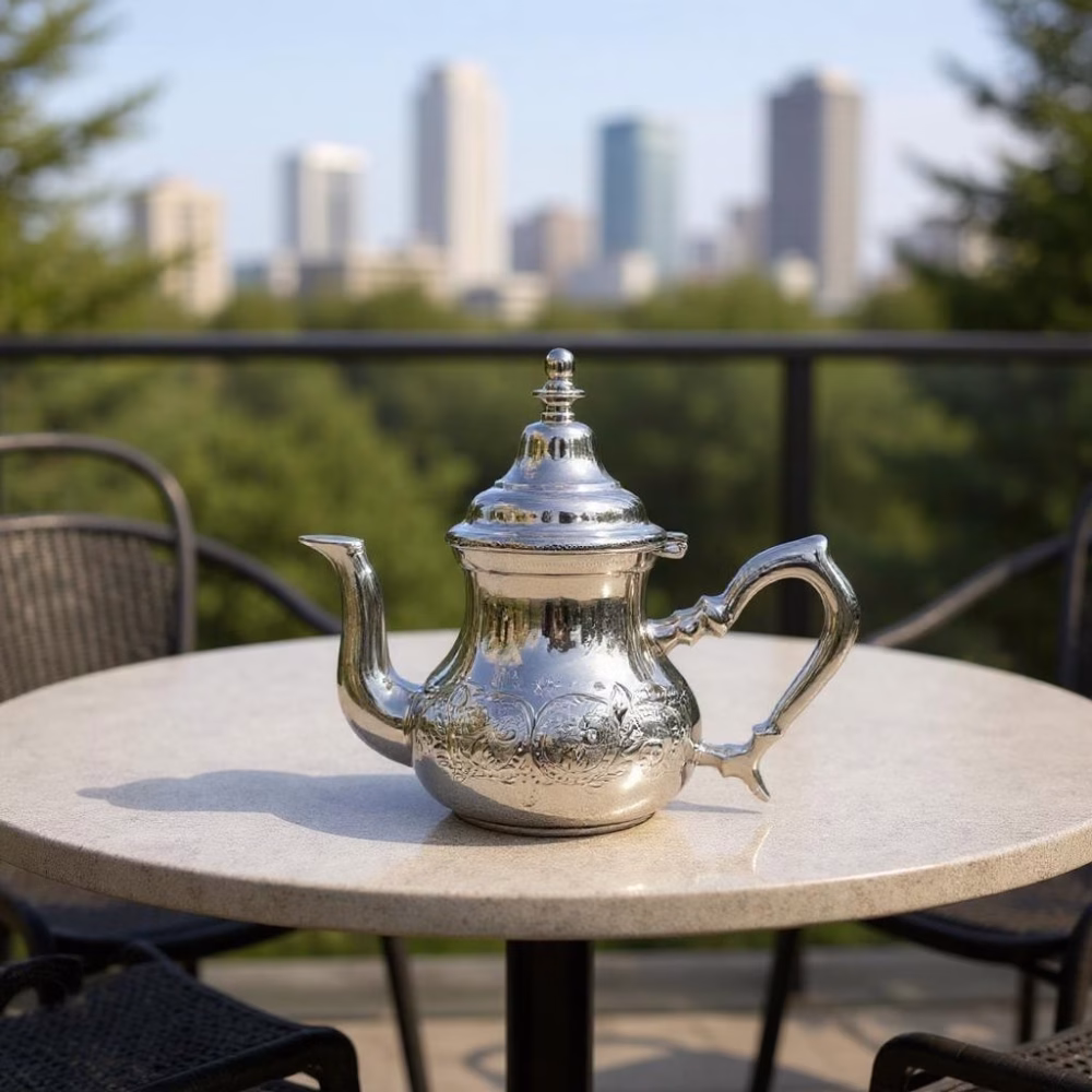 Silver teapot on an outdoor café table with a blurred city skyline in the distance