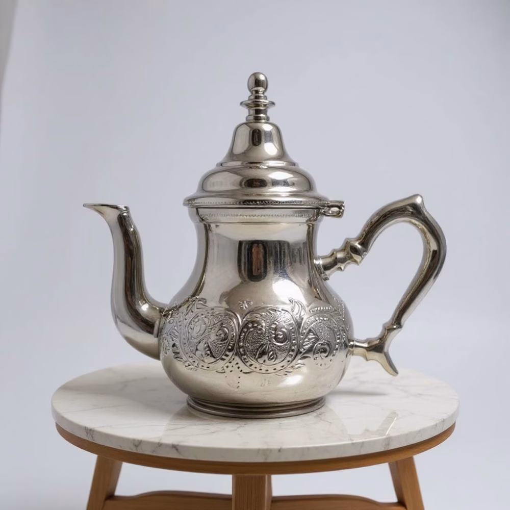 Studio shot of a medium hand‑engraved silver teapot on a small marble stool