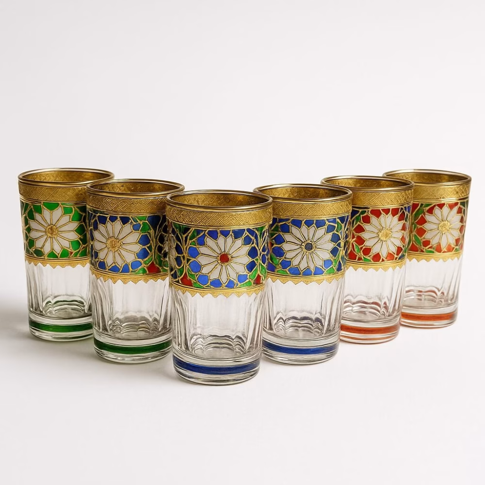 Studio shot of six handcrafted Moroccan tea glasses set pieces against a clean white backdrop.