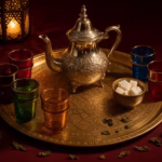 Luxurious Moroccan tea set with silver teapot, Beldi glasses, and brass tray arranged on burgundy velvet - complete gift guide 2025