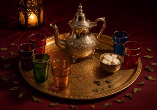 Luxurious Moroccan tea set with silver teapot, Beldi glasses, and brass tray arranged on burgundy velvet - complete gift guide 2025
