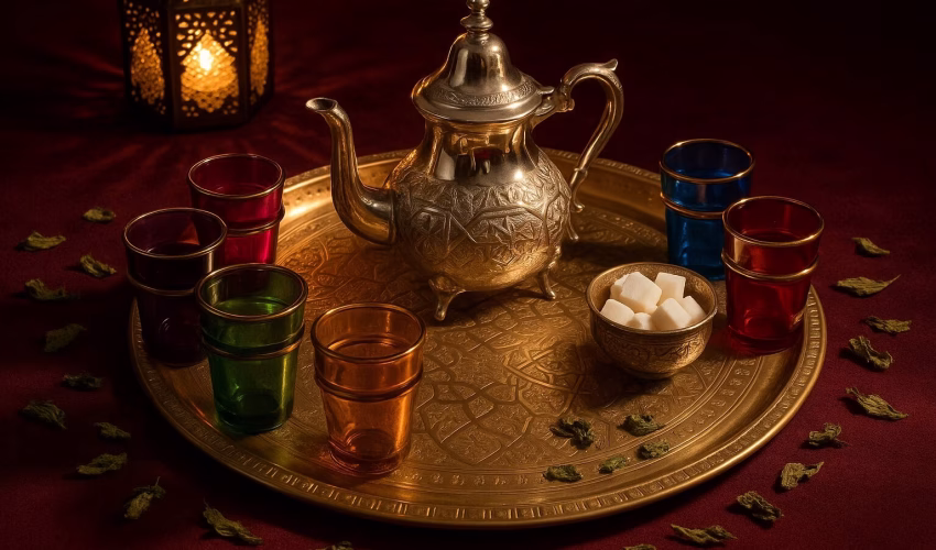 Luxurious Moroccan tea set with silver teapot, Beldi glasses, and brass tray arranged on burgundy velvet - complete gift guide 2025