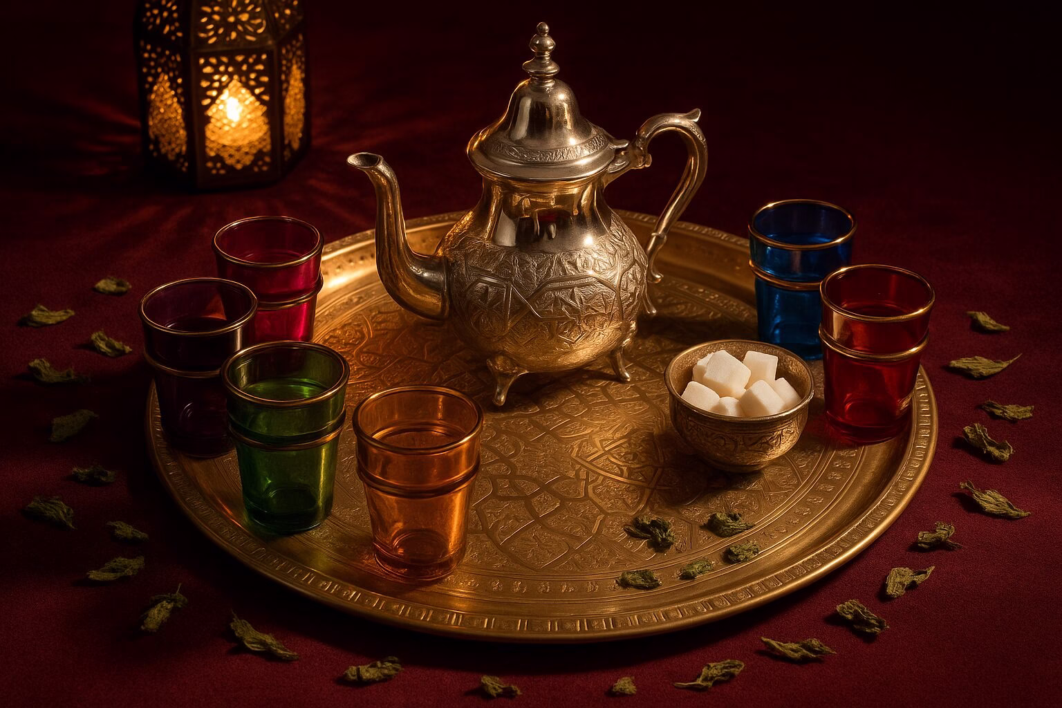 Luxurious Moroccan tea set with silver teapot, Beldi glasses, and brass tray arranged on burgundy velvet - complete gift guide 2025