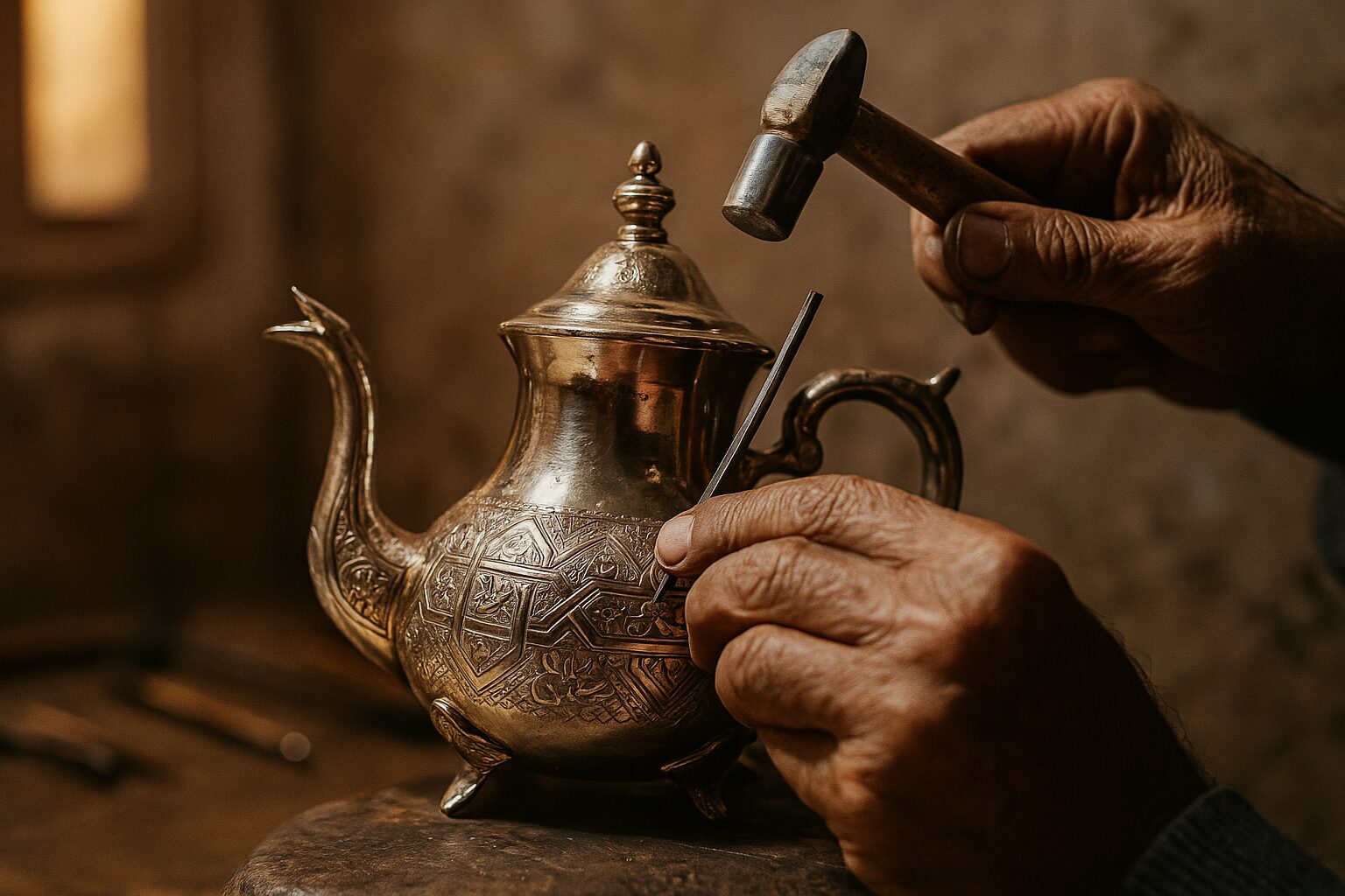 Master Moroccan artisan hand-engraving intricate Islamic calligraphy patterns on silver teapot using traditional tools