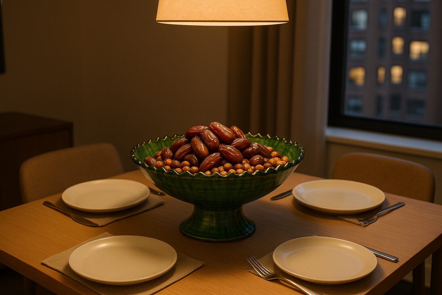 5 Ways to Style Moroccan Pottery Bowls in Small Spaces Large green Moroccan pottery bowl used as dining table centerpiece filled with dates and nuts in small apartment