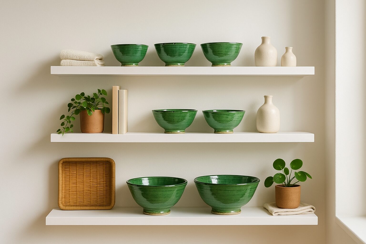5 Ways to Style Moroccan Pottery Bowls in Small Spaces Green Moroccan pottery bowls styled on white floating shelves with books and plants in small apartment