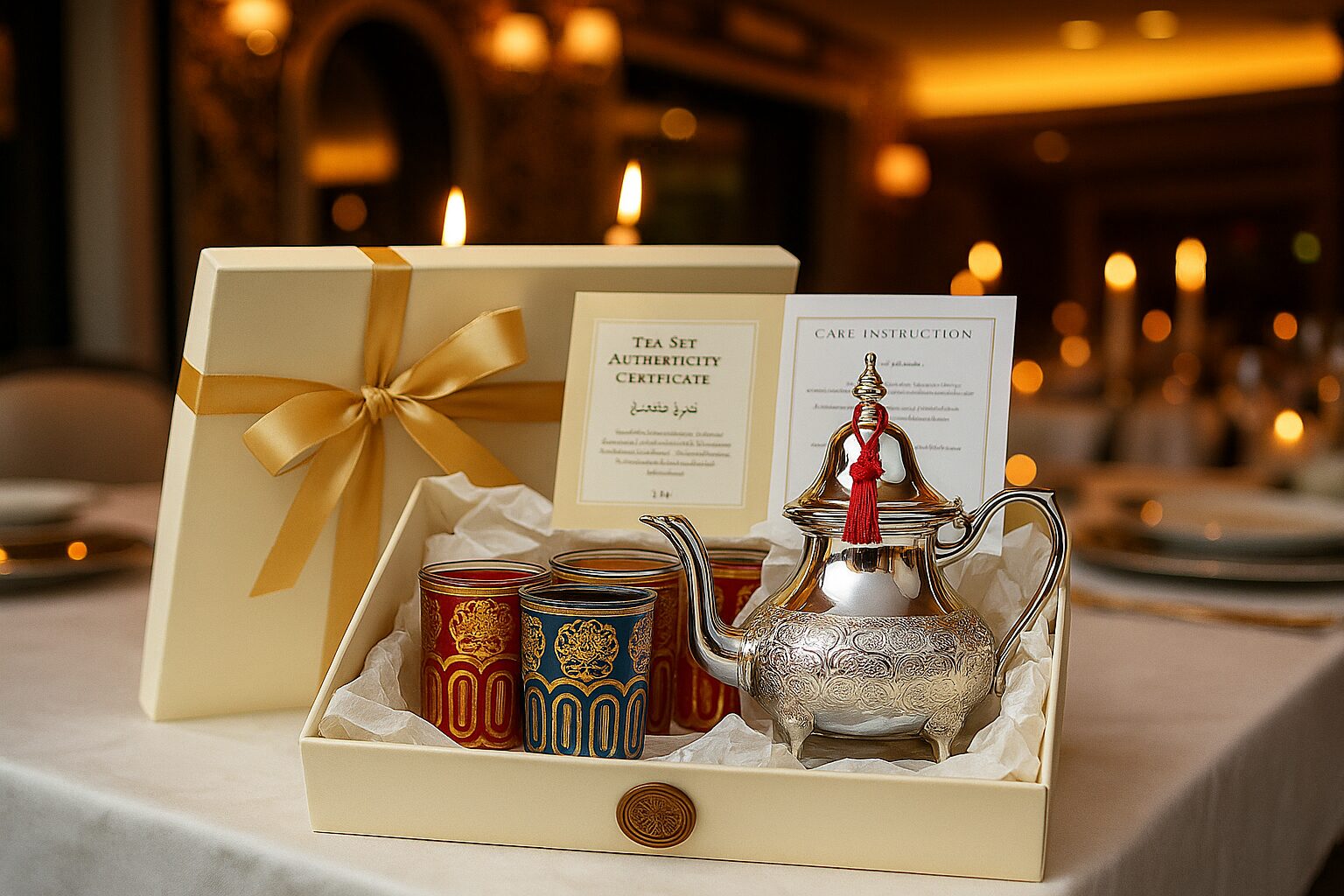 Luxury gift packaging for Moroccan tea set with cream box, gold ribbon, authenticity certificate, and care instructions