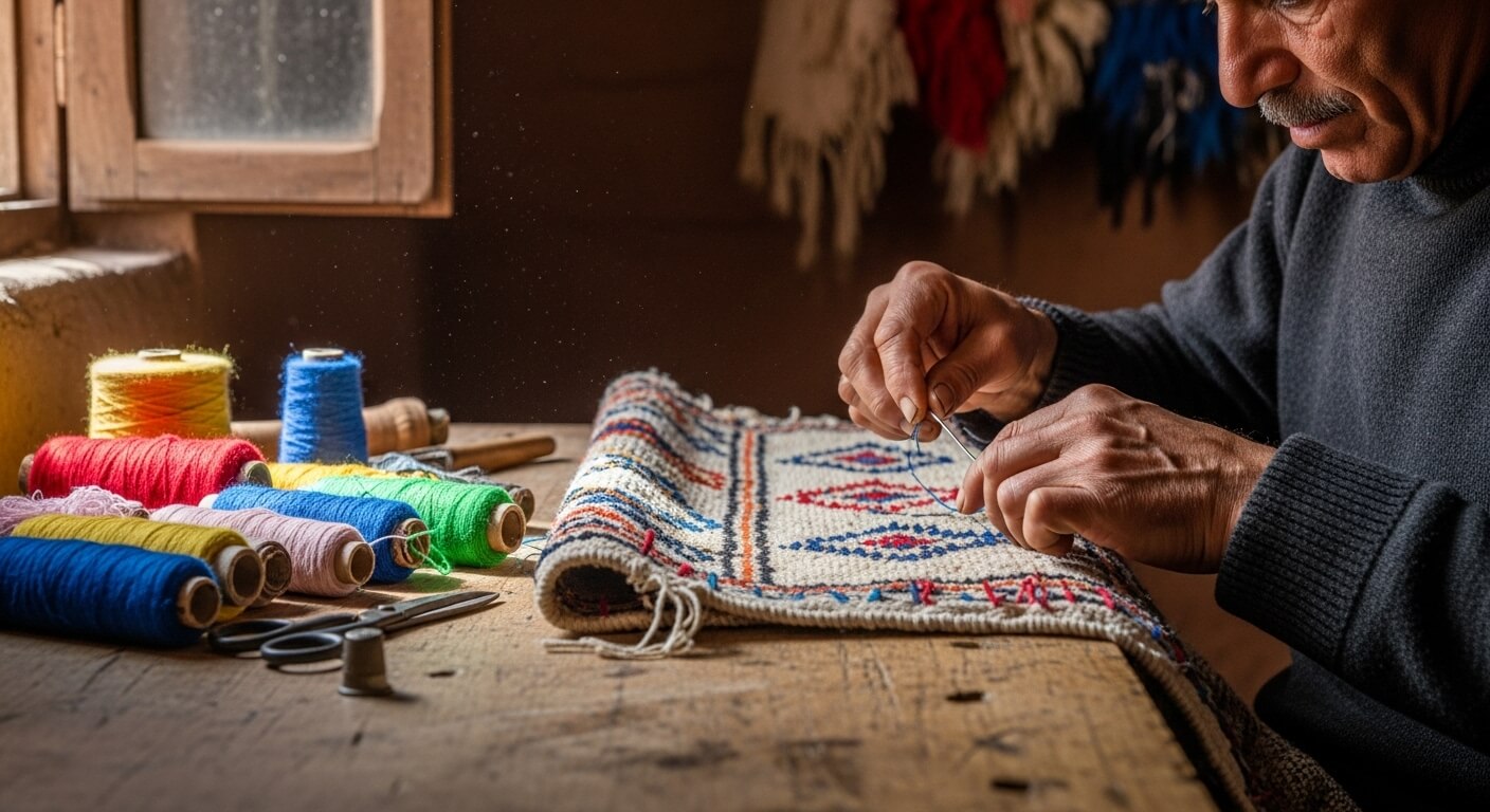 Moroccan Wool Rug Care Guide: Conservation-Grade Tips for Beni Ourain, Azilal, and Sabra Blends Moroccan wool rug care artisan re-binding rug side in fair‑trade workshop.