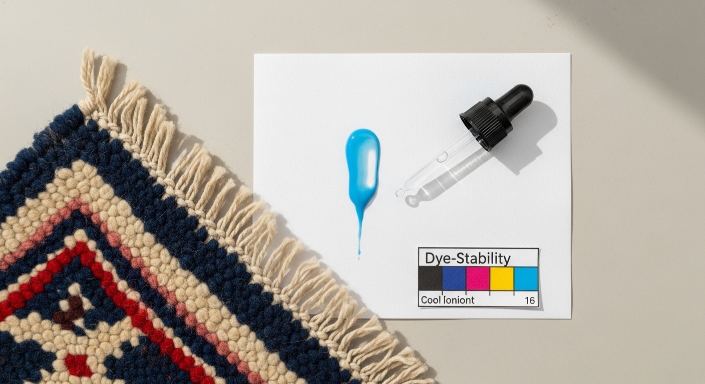 Moroccan Wool Rug Care Guide: Conservation-Grade Tips for Beni Ourain, Azilal, and Sabra Blends Moroccan wool rug care dye test on white blotter with cool water.
