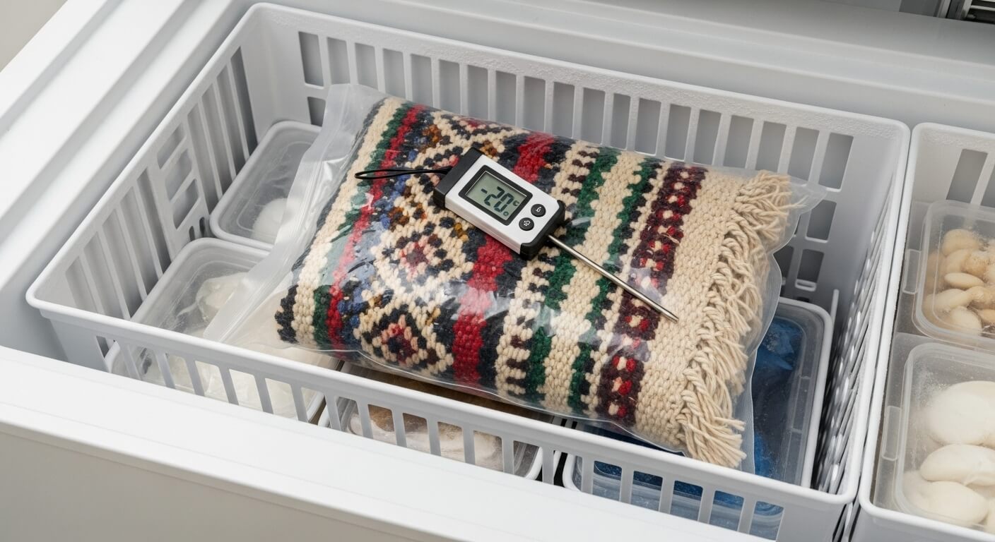 Moroccan Wool Rug Care Guide: Conservation-Grade Tips for Beni Ourain, Azilal, and Sabra Blends Moroccan wool rug care freezing treatment at −20°C for moth control.
