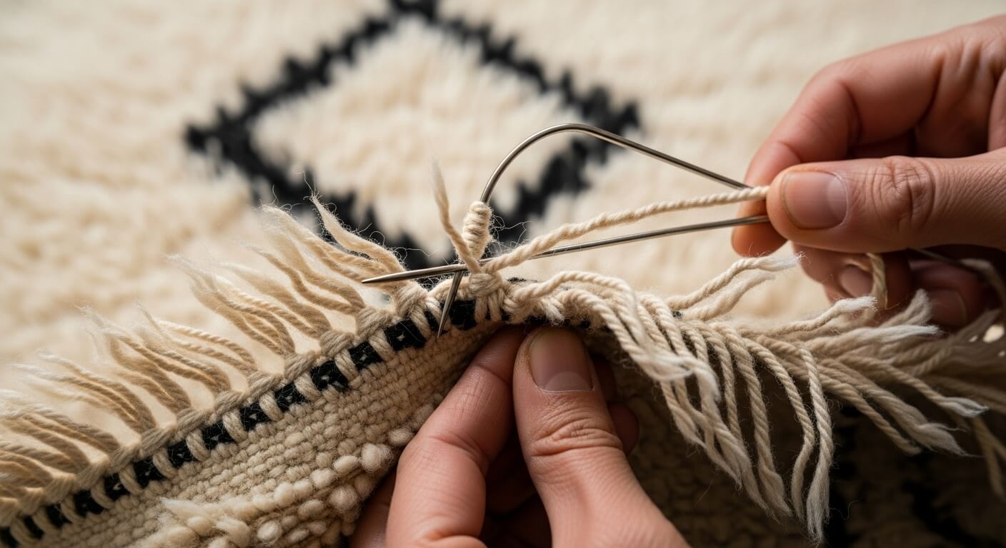 Moroccan Wool Rug Care Guide: Conservation-Grade Tips for Beni Ourain, Azilal, and Sabra Blends Moroccan wool rug care hand overcasting ends to secure fringe.