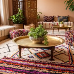 Moroccan wool rug care hero interior with Beni Ourain, Azilal, and sabra rugs styled in natural light.