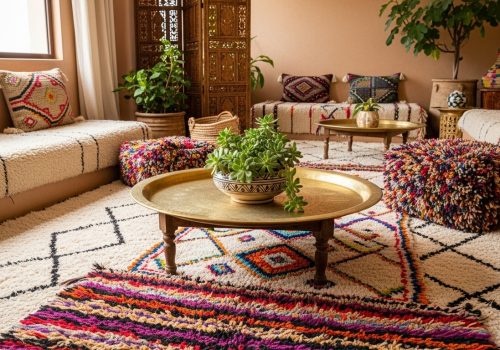 Moroccan wool rug care hero interior with Beni Ourain, Azilal, and sabra rugs styled in natural light.