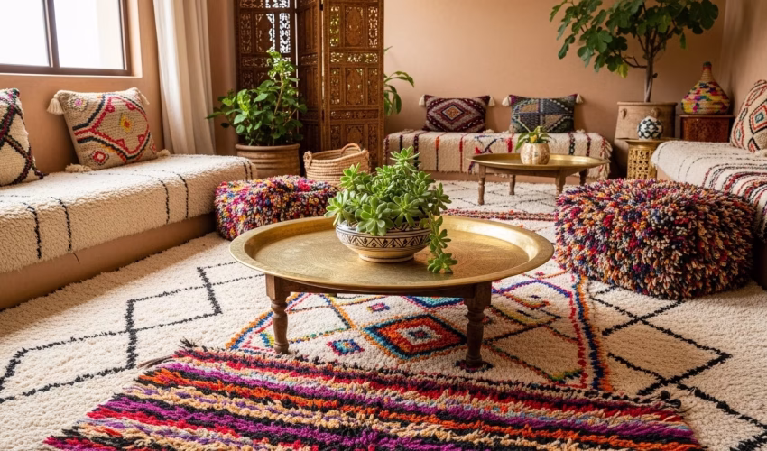 Moroccan wool rug care hero interior with Beni Ourain, Azilal, and sabra rugs styled in natural light.
