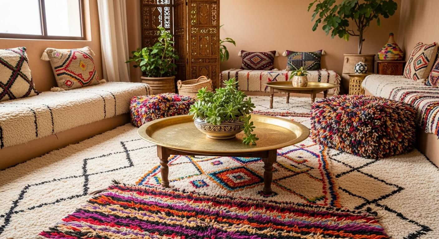 Moroccan wool rug care hero interior with Beni Ourain, Azilal, and sabra rugs styled in natural light.