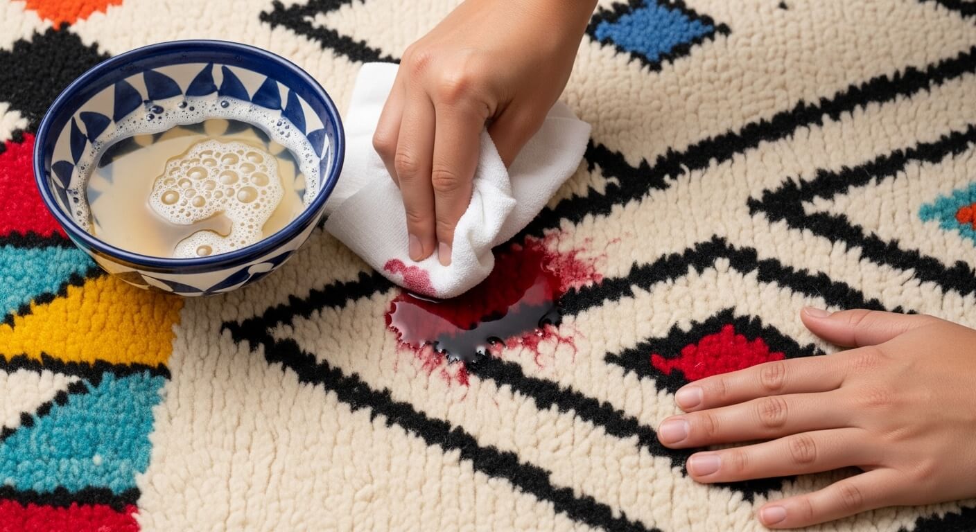 Moroccan Wool Rug Care Guide: Conservation-Grade Tips for Beni Ourain, Azilal, and Sabra Blends Moroccan wool rug care blotting a red wine spill with cool water.