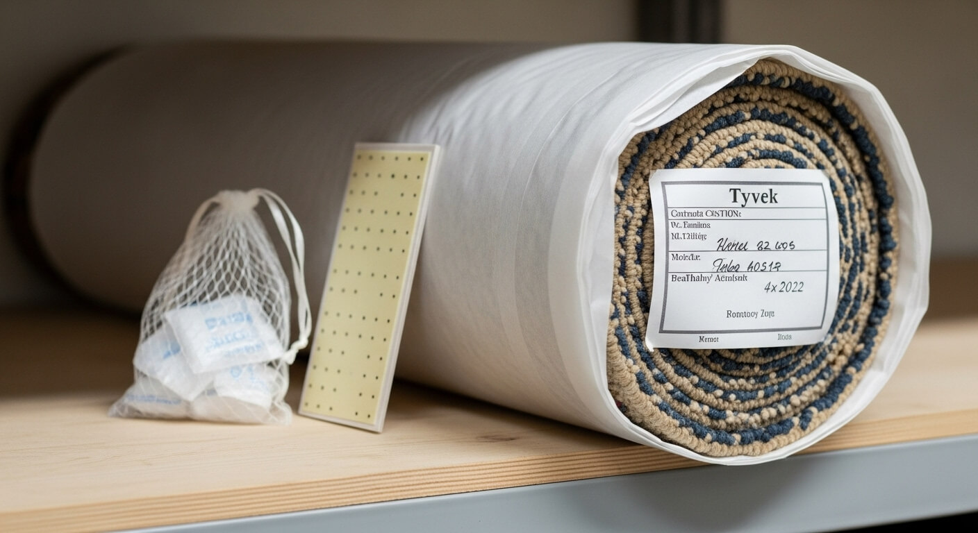 Moroccan Wool Rug Care Guide: Conservation-Grade Tips for Beni Ourain, Azilal, and Sabra Blends Moroccan wool rug care archival storage rolled with Tyvek and acid-free tissue.
