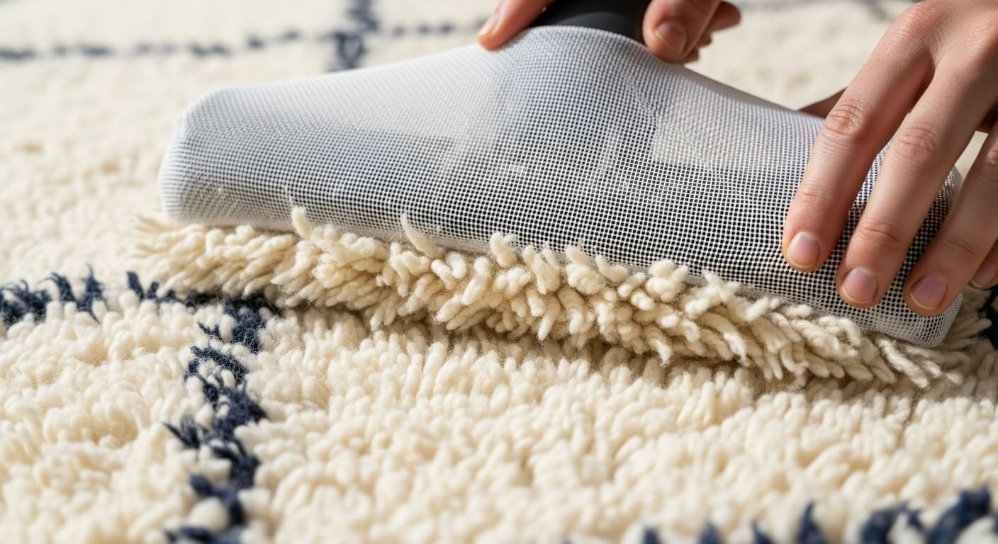Moroccan Wool Rug Care Guide: Conservation-Grade Tips for Beni Ourain, Azilal, and Sabra Blends Moroccan wool rug care vacuuming through a mesh screen with beater bar off.