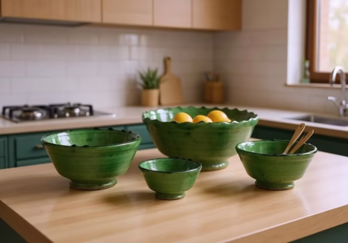 Three green Moroccan Tamegroute pottery bowls styled on small kitchen counter with fruits and utensils