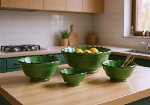 Three green Moroccan Tamegroute pottery bowls styled on small kitchen counter with fruits and utensils