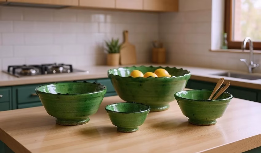 Three green Moroccan Tamegroute pottery bowls styled on small kitchen counter with fruits and utensils