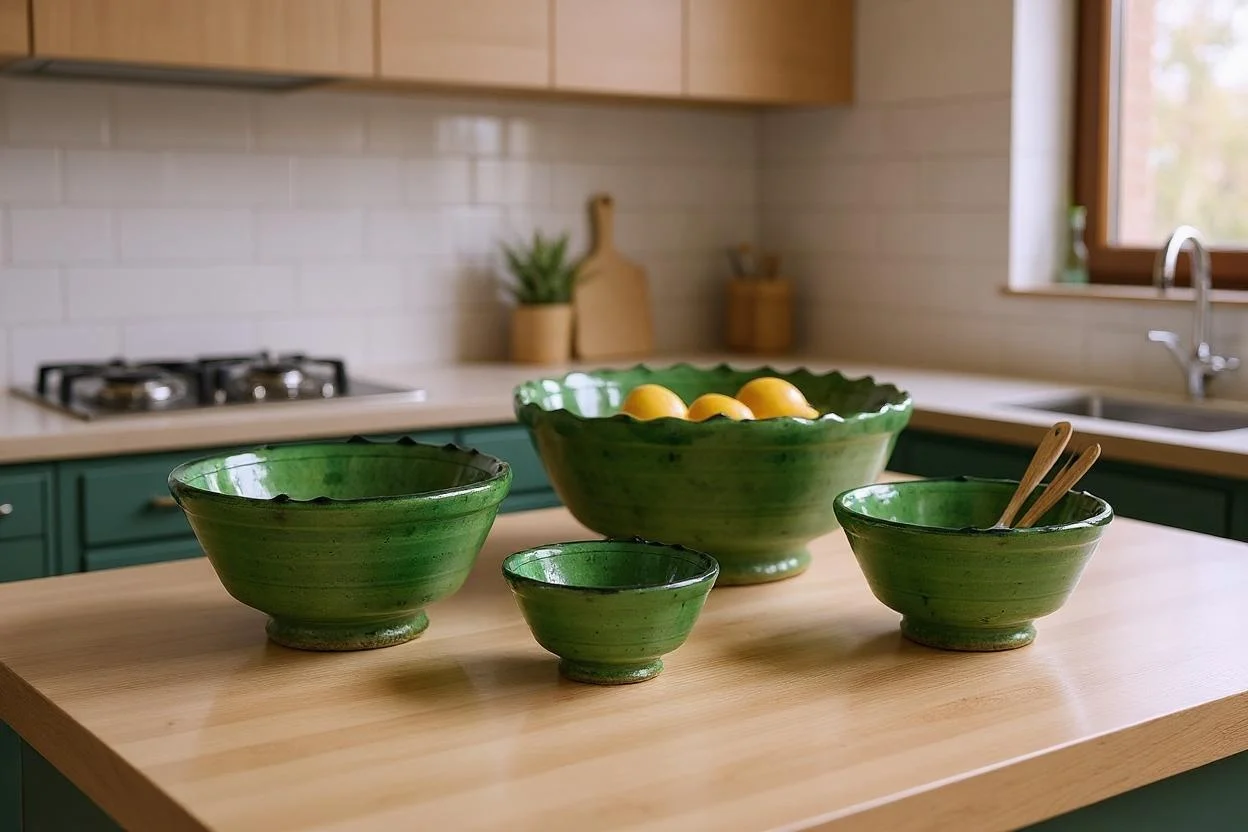 Three green Moroccan Tamegroute pottery bowls styled on small kitchen counter with fruits and utensils