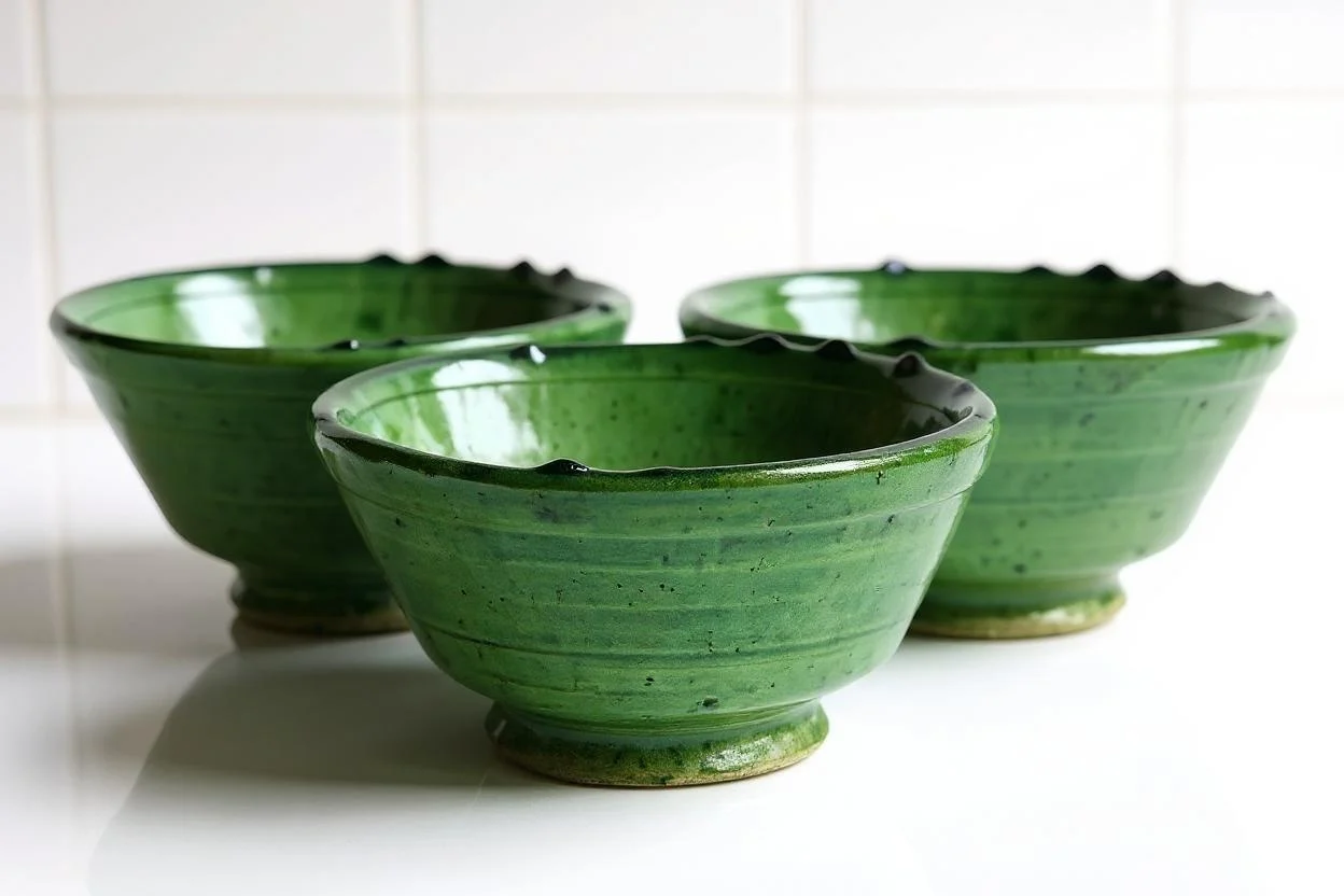 5 Ways to Style Moroccan Pottery Bowls in Small Spaces Close-up detail of authentic Tamegroute pottery bowl showing lustrous green glaze variations and handcrafted edges