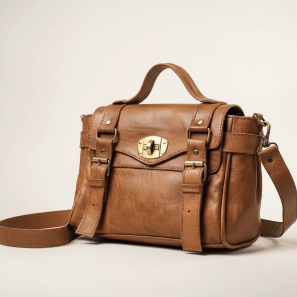 Vintage leather satchel bag in light brown with brass buckles and adjustable crossbody strap on neutral background