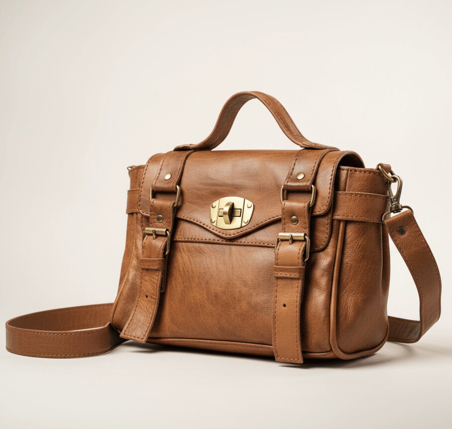 Vintage Leather Satchel Bag - MCLTB20 (Featured Back) Light brown vintage leather satchel bag with brass turn-lock closure, top handle, and crossbody strap on neutral background
