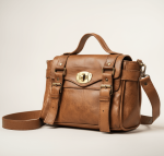 Vintage leather satchel bag in light brown with brass buckles and adjustable crossbody strap on neutral background