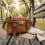 Classic leather messenger satchel in brown on a park bench with book and scarf.