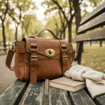 Vintage leather satchel bag on park bench with book and knit sweater in autumn outdoor lifestyle scene