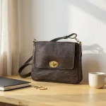 Brown leather crossbody bag on wooden desk beside coffee cup showing distressed leather texture