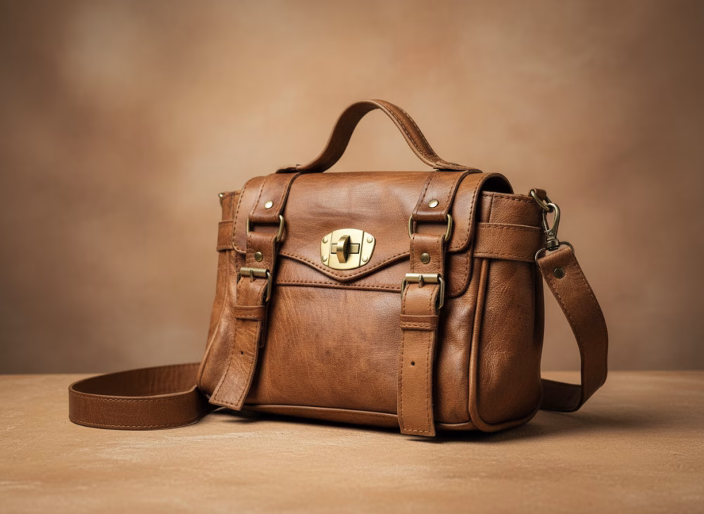 Handmade light brown leather satchel bag on warm studio backdrop.