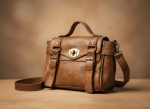 Light brown vintage leather satchel bag with brass hardware and shoulder strap on warm toned studio backdrop