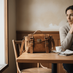 Woman at wooden table holding vintage leather satchel bag in warm natural light near window with coffee