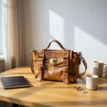 Light brown vintage leather satchel bag on a wooden desk in sunlit room.