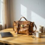 Handmade vintage leather satchel bag on wooden table with natural sunlight and minimalist home decor setting