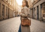 Woman wearing a light brown vintage leather satchel bag crossbody on a cobblestone street at golden hour