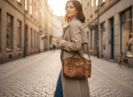Woman wearing beige trench coat carrying vintage leather satchel bag crossbody on European cobblestone street