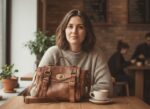 Woman seated at a cafe table with a vintage leather satchel bag and ceramic coffee cup