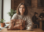 Woman in gray sweater at cafe table with vintage leather satchel bag and coffee cup in cozy indoor setting