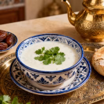 A beautifully styled bowl of creamy Moroccan white harira soup on an ornate traditional Moroccan serving tray, garnished with fresh cilantro and parsley, accompanied by dates and traditional Moroccan bread.