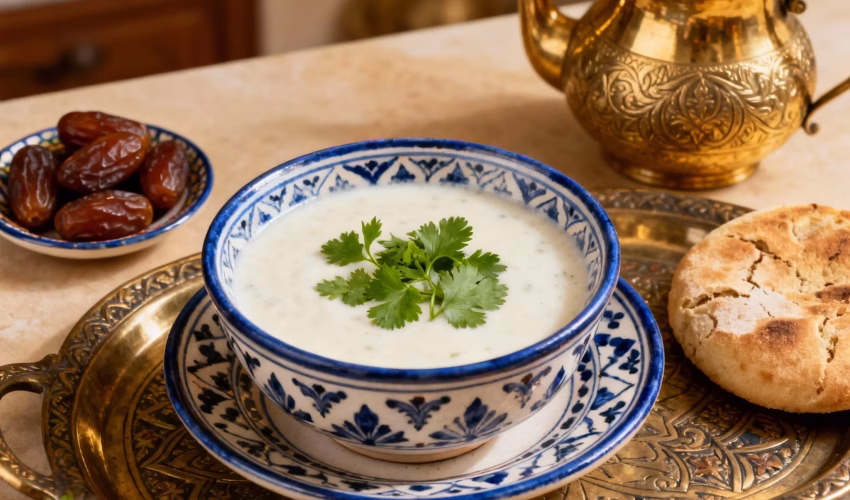 A beautifully styled bowl of creamy Moroccan white harira soup on an ornate traditional Moroccan serving tray, garnished with fresh cilantro and parsley, accompanied by dates and traditional Moroccan bread.