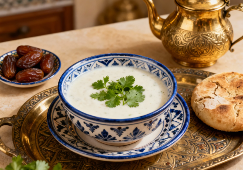 A beautifully styled bowl of creamy Moroccan white harira soup on an ornate traditional Moroccan serving tray, garnished with fresh cilantro and parsley, accompanied by dates and traditional Moroccan bread.
