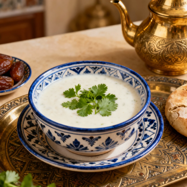 A beautifully styled bowl of creamy Moroccan white harira soup on an ornate traditional Moroccan serving tray, garnished with fresh cilantro and parsley, accompanied by dates and traditional Moroccan bread.