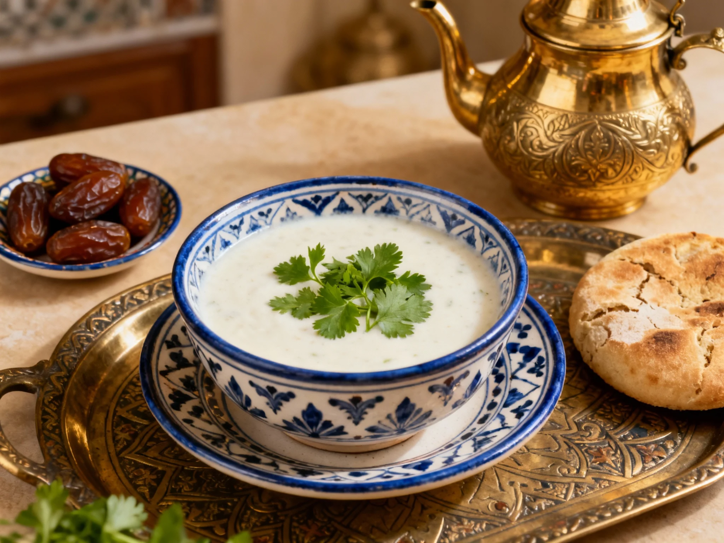 A beautifully styled bowl of creamy Moroccan white harira soup on an ornate traditional Moroccan serving tray, garnished with fresh cilantro and parsley, accompanied by dates and traditional Moroccan bread.