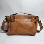 Vintage Leather Satchel Bag back view — light brown genuine leather, top handle, and detachable crossbody strap.